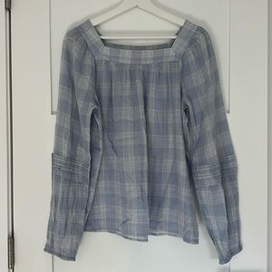 Lauren Conrad 100% Cotton Light Blue square neck Plaid Blouse